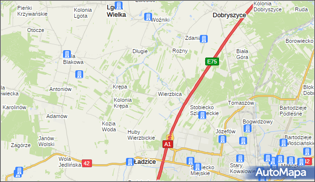 mapa Wierzbica gmina Ładzice, Wierzbica gmina Ładzice na mapie Targeo