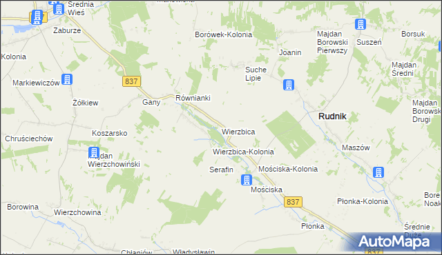 mapa Wierzbica gmina Rudnik, Wierzbica gmina Rudnik na mapie Targeo