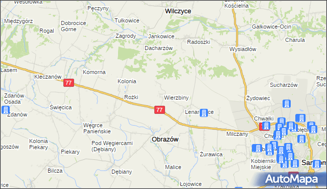 mapa Wierzbiny gmina Obrazów, Wierzbiny gmina Obrazów na mapie Targeo