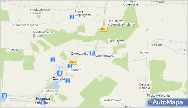 mapa Wierzchowiny gmina Siennica Różana, Wierzchowiny gmina Siennica Różana na mapie Targeo