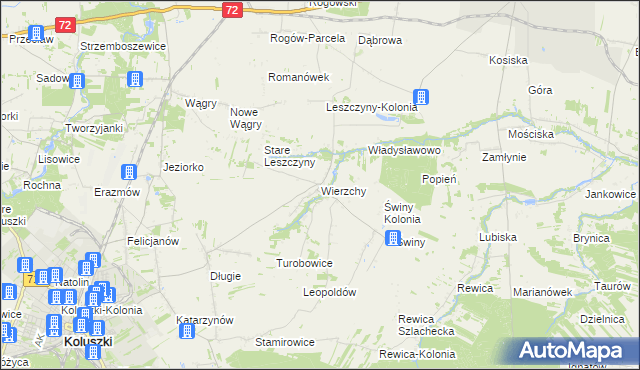 mapa Wierzchy gmina Koluszki, Wierzchy gmina Koluszki na mapie Targeo