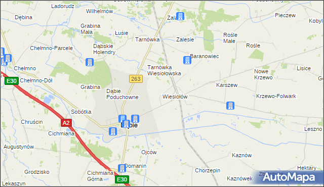 mapa Wiesiołów gmina Dąbie, Wiesiołów gmina Dąbie na mapie Targeo