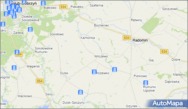 mapa Wilczewo gmina Radomin, Wilczewo gmina Radomin na mapie Targeo