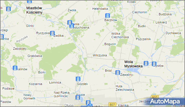 mapa Wilczyska gmina Wola Mysłowska, Wilczyska gmina Wola Mysłowska na mapie Targeo