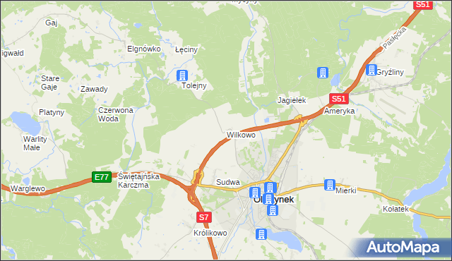 mapa Wilkowo gmina Olsztynek, Wilkowo gmina Olsztynek na mapie Targeo