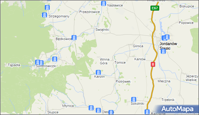 mapa Winna Góra gmina Jordanów Śląski, Winna Góra gmina Jordanów Śląski na mapie Targeo