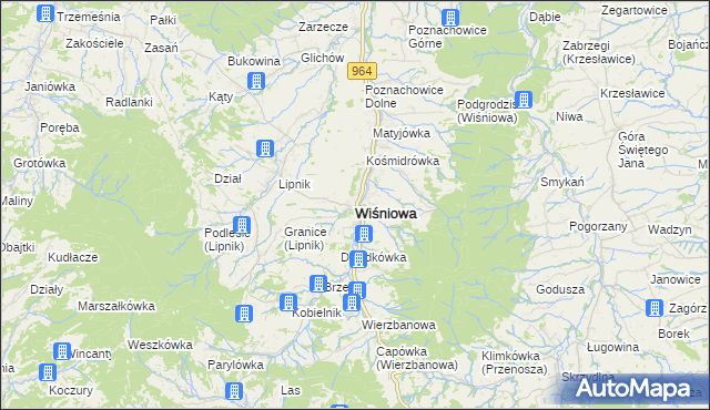 mapa Wiśniowa powiat myślenicki, Wiśniowa powiat myślenicki na mapie Targeo