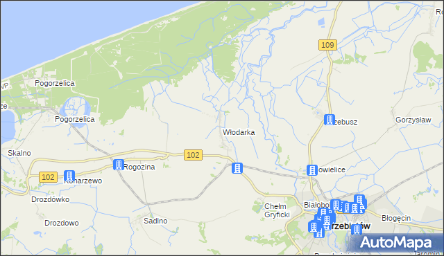 mapa Włodarka gmina Trzebiatów, Włodarka gmina Trzebiatów na mapie Targeo