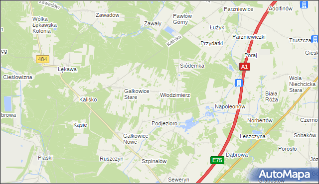 mapa Włodzimierz gmina Kamieńsk, Włodzimierz gmina Kamieńsk na mapie Targeo