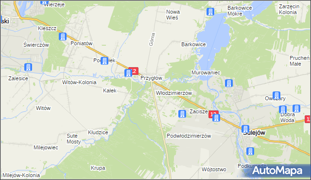 mapa Włodzimierzów gmina Sulejów, Włodzimierzów gmina Sulejów na mapie Targeo