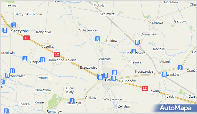 mapa Wójcice gmina Błaszki, Wójcice gmina Błaszki na mapie Targeo