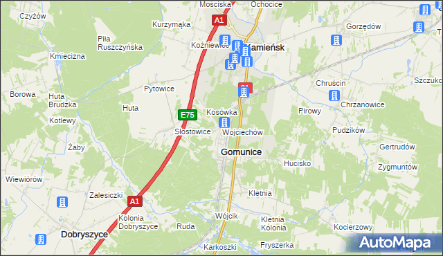 mapa Wojciechów gmina Gomunice, Wojciechów gmina Gomunice na mapie Targeo