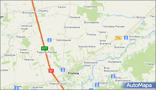 mapa Wojciechówka gmina Promna, Wojciechówka gmina Promna na mapie Targeo