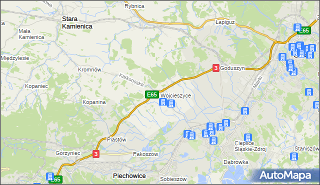 mapa Wojcieszyce gmina Stara Kamienica, Wojcieszyce gmina Stara Kamienica na mapie Targeo