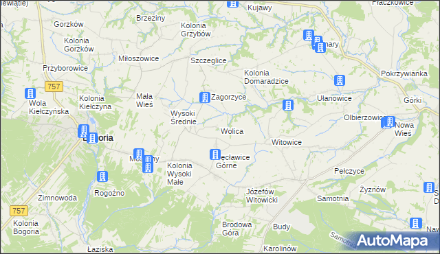 mapa Wolica gmina Bogoria, Wolica gmina Bogoria na mapie Targeo