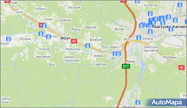 mapa Wołów gmina Bliżyn, Wołów gmina Bliżyn na mapie Targeo