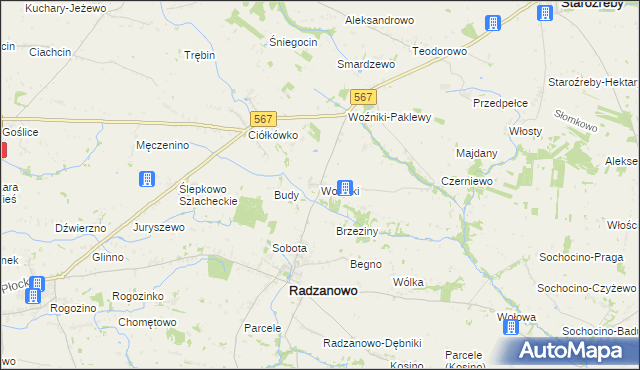 mapa Woźniki gmina Radzanowo, Woźniki gmina Radzanowo na mapie Targeo