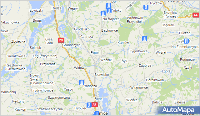 mapa Woźniki gmina Tomice, Woźniki gmina Tomice na mapie Targeo