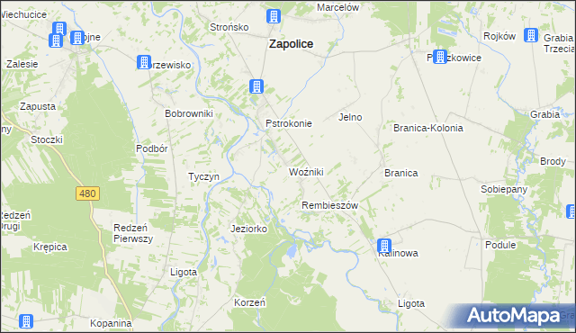 mapa Woźniki gmina Zapolice, Woźniki gmina Zapolice na mapie Targeo