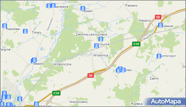 mapa Wrześnica gmina Sławno, Wrześnica gmina Sławno na mapie Targeo