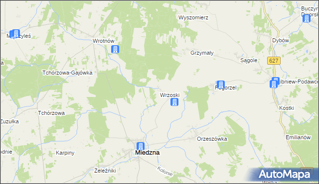 mapa Wrzoski gmina Miedzna, Wrzoski gmina Miedzna na mapie Targeo