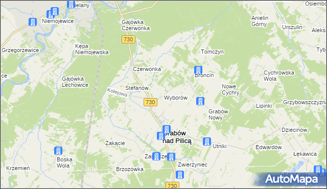 mapa Wyborów gmina Grabów nad Pilicą, Wyborów gmina Grabów nad Pilicą na mapie Targeo