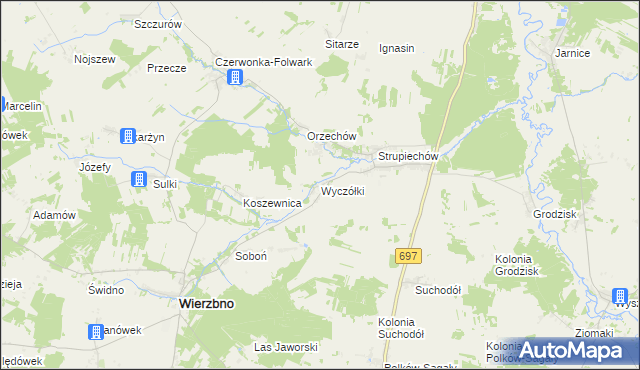 mapa Wyczółki gmina Wierzbno, Wyczółki gmina Wierzbno na mapie Targeo