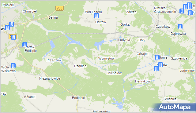 mapa Wymysłów gmina Włoszczowa, Wymysłów gmina Włoszczowa na mapie Targeo