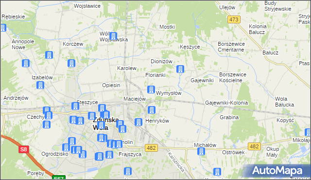 mapa Wymysłów gmina Zduńska Wola, Wymysłów gmina Zduńska Wola na mapie Targeo