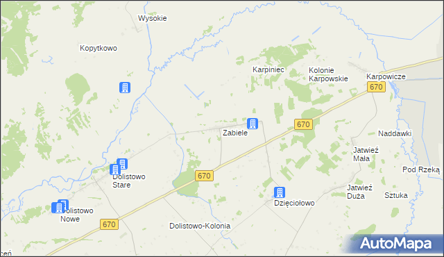 mapa Zabiele gmina Jaświły, Zabiele gmina Jaświły na mapie Targeo