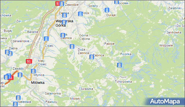 mapa Żabnica gmina Węgierska Górka, Żabnica gmina Węgierska Górka na mapie Targeo