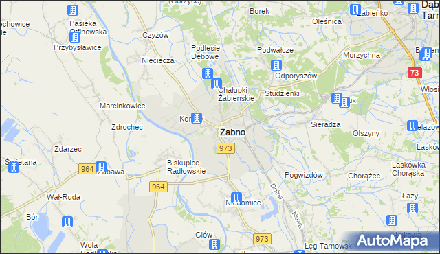 mapa Żabno powiat tarnowski, Żabno powiat tarnowski na mapie Targeo