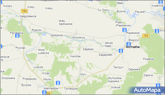 mapa Zagajów gmina Michałów, Zagajów gmina Michałów na mapie Targeo