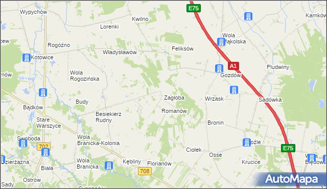 mapa Zagłoba gmina Stryków, Zagłoba gmina Stryków na mapie Targeo