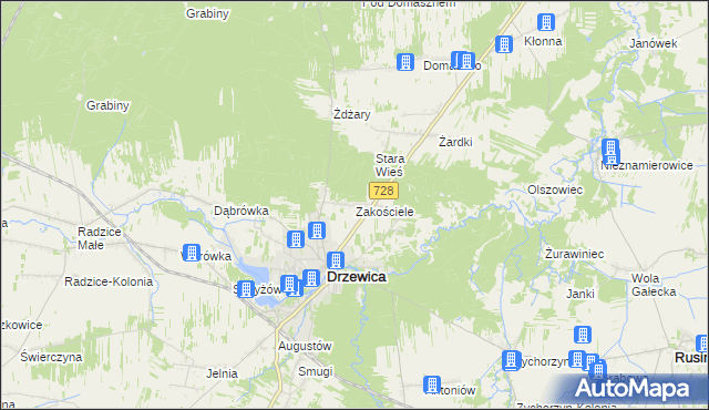 mapa Zakościele gmina Drzewica, Zakościele gmina Drzewica na mapie Targeo