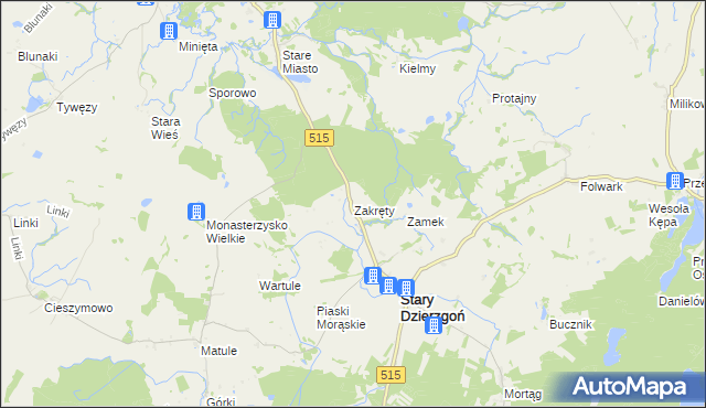 mapa Zakręty gmina Stary Dzierzgoń, Zakręty gmina Stary Dzierzgoń na mapie Targeo