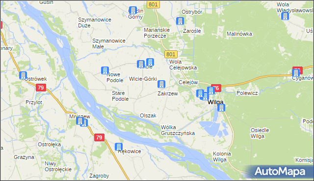 mapa Zakrzew gmina Wilga, Zakrzew gmina Wilga na mapie Targeo