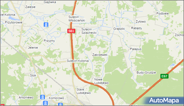 mapa Zakrzewek gmina Ostrów Mazowiecka, Zakrzewek gmina Ostrów Mazowiecka na mapie Targeo