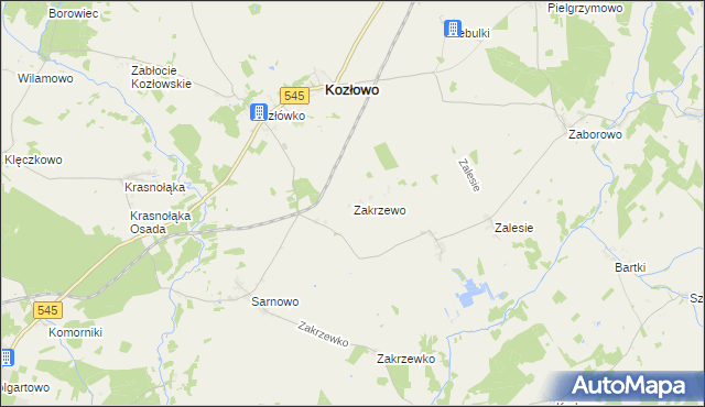 mapa Zakrzewo gmina Kozłowo, Zakrzewo gmina Kozłowo na mapie Targeo