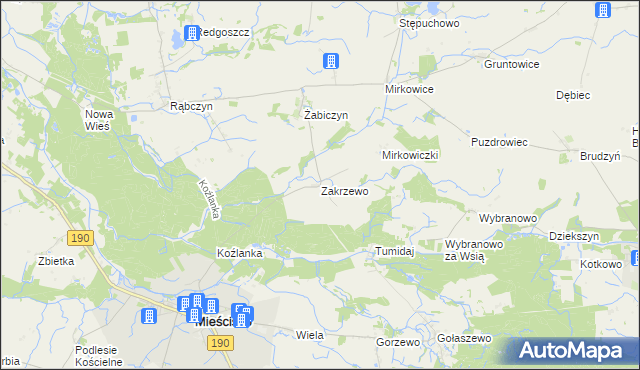 mapa Zakrzewo gmina Mieścisko, Zakrzewo gmina Mieścisko na mapie Targeo