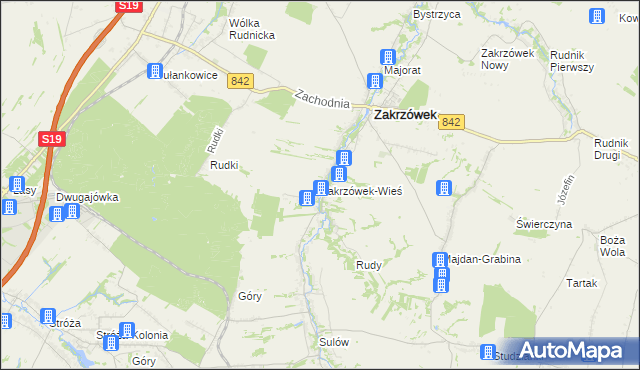 mapa Zakrzówek-Wieś gmina Zakrzówek, Zakrzówek-Wieś gmina Zakrzówek na mapie Targeo