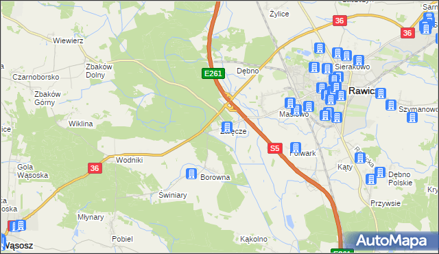 mapa Załęcze gmina Rawicz, Załęcze gmina Rawicz na mapie Targeo