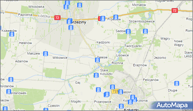 mapa Zalesie gmina Brzeziny, Zalesie gmina Brzeziny na mapie Targeo