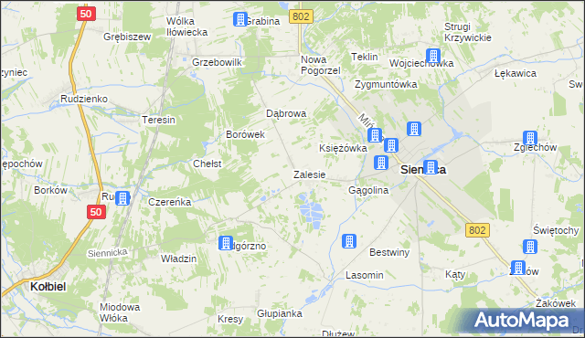 mapa Zalesie gmina Siennica, Zalesie gmina Siennica na mapie Targeo