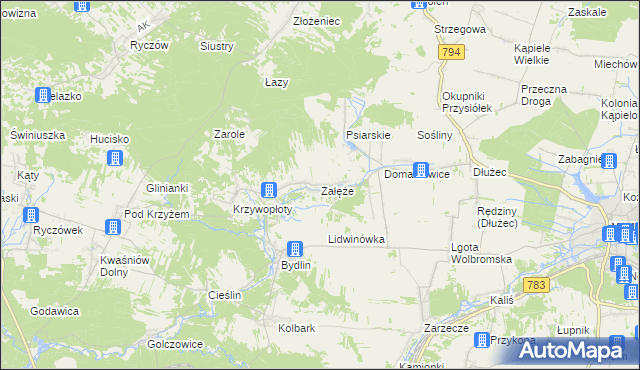 mapa Załęże gmina Wolbrom, Załęże gmina Wolbrom na mapie Targeo