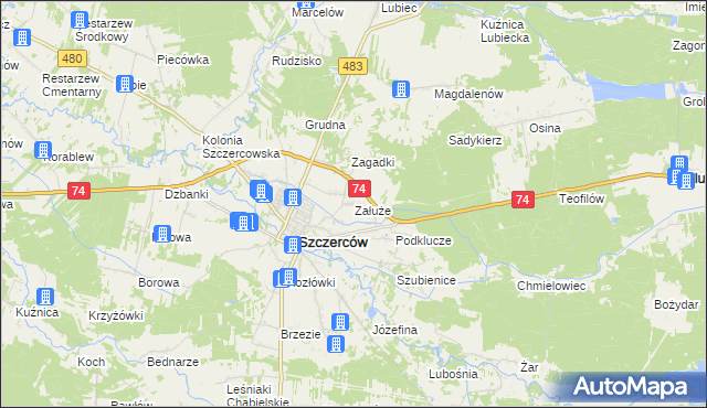 mapa Załuże gmina Szczerców, Załuże gmina Szczerców na mapie Targeo