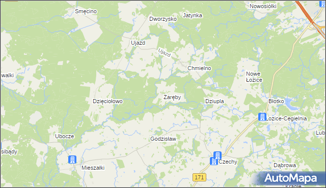 mapa Zaręby gmina Bobolice, Zaręby gmina Bobolice na mapie Targeo