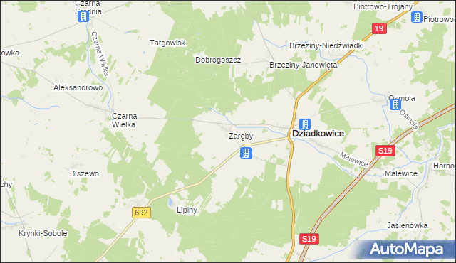 mapa Zaręby gmina Dziadkowice, Zaręby gmina Dziadkowice na mapie Targeo