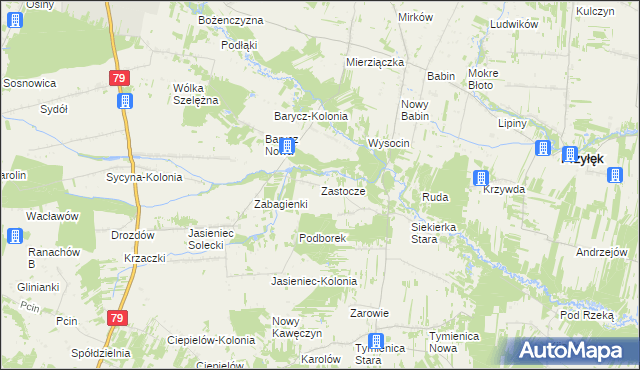 mapa Zastocze gmina Zwoleń, Zastocze gmina Zwoleń na mapie Targeo