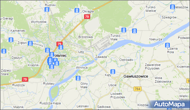 mapa Zawada gmina Połaniec, Zawada gmina Połaniec na mapie Targeo